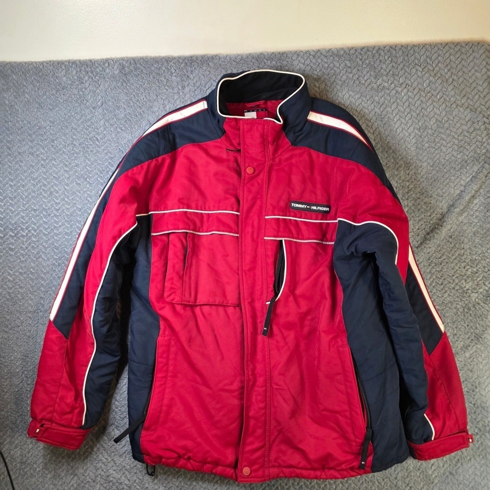 Tommy Hilfiger Men's XL Insulated Jacket Red Navy Full Zip Winter Coat‎ Vintage